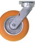Premium Heavy Duty Kingpinless Swivel Plate Caster With Eight Inch Polyurethane Donut Wheel And Rugged Aluminum Core detail side view showing wheel and mounting plate.