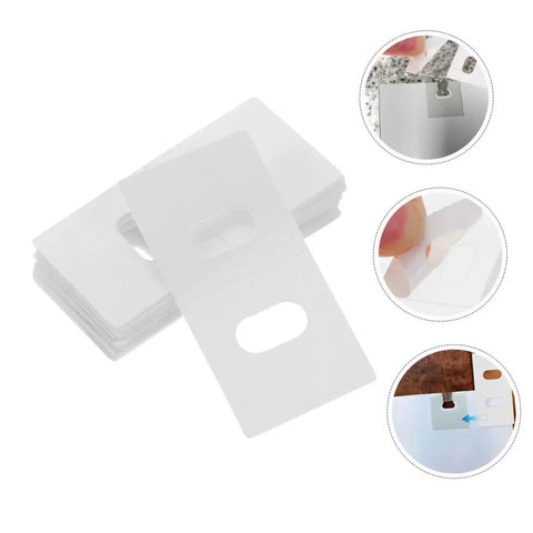 50 Pack Vertical Blind Repair Tabs Kit Quick And Easy Fix For Vertical Blinds With Strong Adhesive Tabs Durable Replacement Parts For Damaged Slats And Broken Blinds, white adhesive tabs with hole design and installation examples