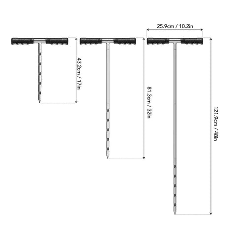 Stainless Steel Soil Probe Rod 17 32 48 Inch Adjustable Ground Locator Tool With T Handle sizes 17, 32, 48 inch with measurements.