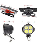 Ebike Headlight And Taillight Set With LED Running Lights And Brake Light, dimensions and components view.