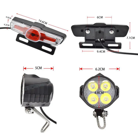 Ebike Headlight And Taillight Set With LED Running Lights And Brake Light, dimensions and components view.