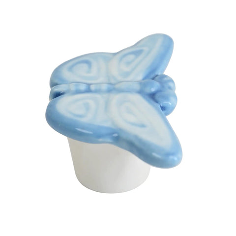 Six Piece Ceramic Drawer Knobs Set With Cute Butterfly Cabinet Pulls for nurseries, featuring a blue ceramic butterfly knob.