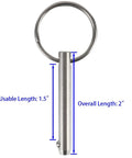 Front view: 4-pack stainless steel quick-release pins for marine/bimini top use; 1/4" diameter, 1.5" usable, 2" overall