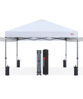 Front view of Pop Up 10x10 Canopy Tent with Center Lock, dual shelters, showcasing setup components and foldable design.