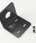 Angled view of black metal motor mounting bracket; L-shaped with circular hole on vertical plate and four slotted base holes.