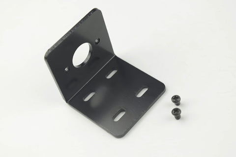 Angled view of black metal motor mounting bracket; L-shaped with circular hole on vertical plate and four slotted base holes.