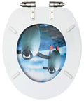 Slick Soft Close Toilet Seat With Dope Penguin Design And Solid Zinc Alloy Hinges For Bathroom Plumbing Hardware And Premium MDF Construction With Pro Grade Water Resistant Finish, featuring a playful penguin motif.