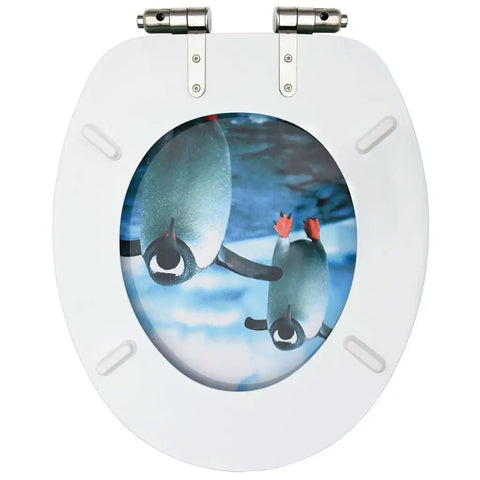 Slick Soft Close Toilet Seat With Dope Penguin Design And Solid Zinc Alloy Hinges For Bathroom Plumbing Hardware And Premium MDF Construction With Pro Grade Water Resistant Finish, featuring a playful penguin motif.