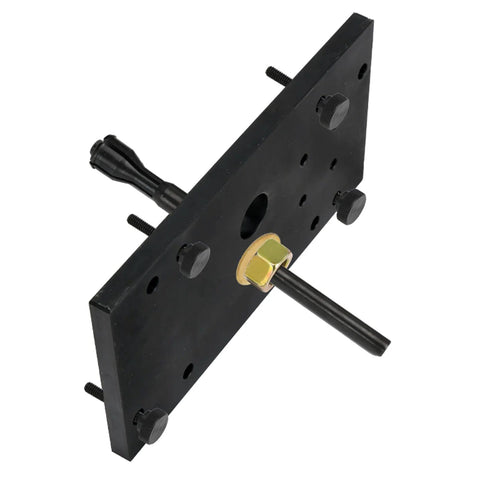 Inner camshaft bearing puller/installer tool for Harley Milwaukee Eight, black plate with adjustment screws and rod.