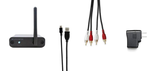 32 Bit Bluetooth Receiver For Home Stereo With Adaptive Bluetooth 5.3, Optical And RCA Outputs showing device, cables, adapter