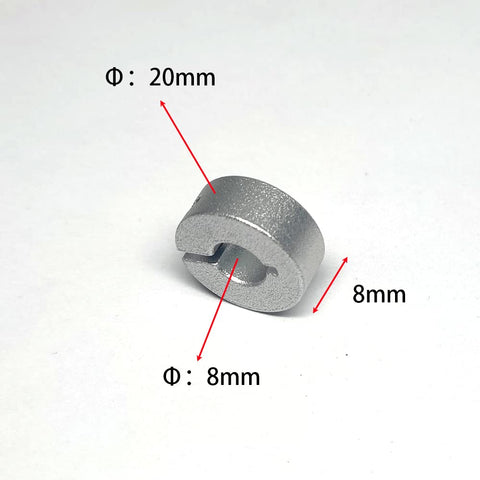 Open Aluminum Shaft Collar Clamp Set Screw For 8mm Linear Rod Guide, 20mm outer diameter, 8mm thickness, corrosion-resistant aluminum.