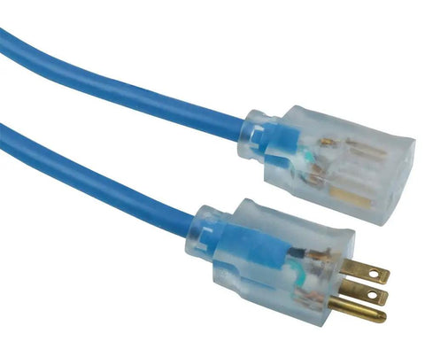 Close-up of Coldflex Heavy Duty Extension Cord 12 Gauge 3 Conductor SJTW With Cold Weather Vinyl Jacket Resists Oil And Moisture ends