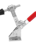 Heavy Duty Vertical Toggle Clamp Quick Release Handle For Welding With Rust Proof Zinc Plated Steel And Easy Swivel Grip For Rough Job Sites Solid Lockdown No Sweat Setup Guaranteed, side view with red handle.