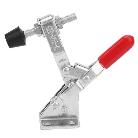 Heavy Duty Vertical Toggle Clamp Quick Release Handle For Welding With Rust Proof Zinc Plated Steel And Easy Swivel Grip For Rough Job Sites Solid Lockdown No Sweat Setup Guaranteed, side view with red handle.
