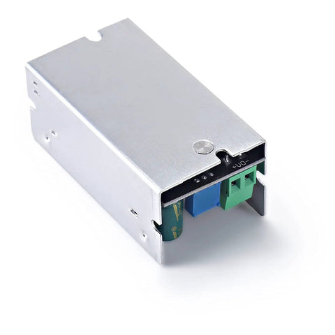 Heavy Duty 100W DC DC Buck Converter Step Down Voltage Regulator Module With Wide Input Range From 10 To 90V angled view, metallic housing, compact size.