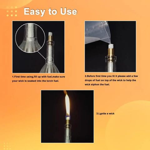 Instructions on setting up Eight Pack Wine Bottle Torch Kit with Long Life Fiberglass Wicks and Brass Mounts for epic outdoor garden lighting.