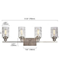 4 Light Vanity Light Fixtures For Bathroom With Brushed Nickel Finish And Hammered Glass Shades, dimensions labeled