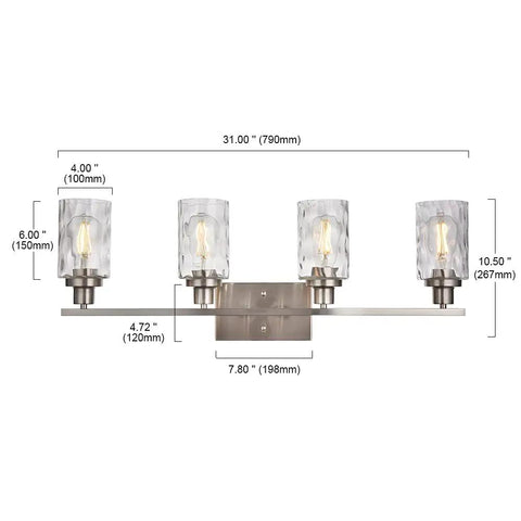 4 Light Vanity Light Fixtures For Bathroom With Brushed Nickel Finish And Hammered Glass Shades, dimensions labeled