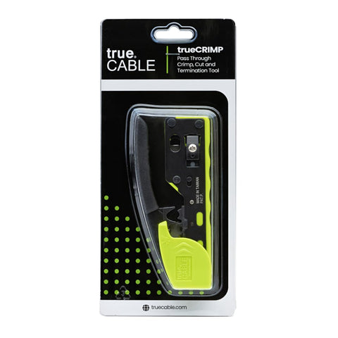 All In One RJ45 Crimp Tool For Pass Through Connectors in packaging, compatible with Cat5e, Cat6, Cat6A cables, shown front view.