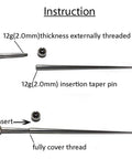 12G 2.0mm Stainless Steel Insertion Taper Pin for Piercing Stretching, 316L Implant Grade Hollow End Calor Style Tool, Gauge Up From 14G to 12G, No Thread Inside, 60mm Length, instruction view