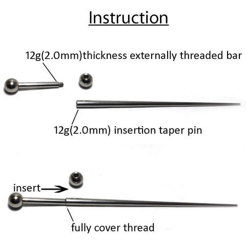 12G 2.0mm Stainless Steel Insertion Taper Pin for Piercing Stretching, 316L Implant Grade Hollow End Calor Style Tool, Gauge Up From 14G to 12G, No Thread Inside, 60mm Length, instruction view