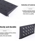 Heavy Duty Vented Cantilever Tray For 1U Rack Mount Server Shelf displays sturdy black design with slotted ventilation for cooling.