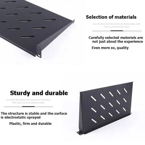 Heavy Duty Vented Cantilever Tray For 1U Rack Mount Server Shelf displays sturdy black design with slotted ventilation for cooling.