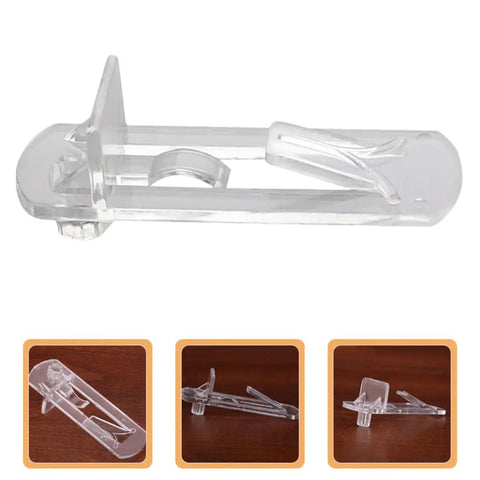 Transparent Shelf Clips Set For Cabinets And Bookshelves With Locking Pegs, clear plastic bracket and peg detail