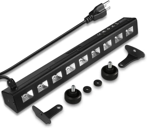 Three Pack 27W LED Black Light Bar Set For Glow Parties And Body Paint UV Black Light Bar For Halloween And Christmas Decor 324 Square Feet Coverage 120 Degree Beam Durable Metal Construction Ideal For Game Rooms And Stages, showing components.