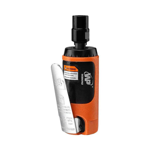 Mini Pneumatic Straight Die Grinder 25000 RPM Inline Air Tool with orange grip and warning label for precision polishing tasks.