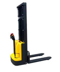 Heavy-Duty Electric Pallet Stacker Walkie Forklift Shreds Through 3300 Lb Loads, Reaches A Killer 130 Inch Lift Height, Runs On A Bulletproof Gel Battery, Handles Tight Warehouse Jobs With Ease, side view showing compact design.