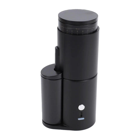 Top Shelf Portable Burr Coffee Grinder Featuring 38mm Stainless Steel Conical Blades And Anti Static Magnetic Cup, USB powered, black.