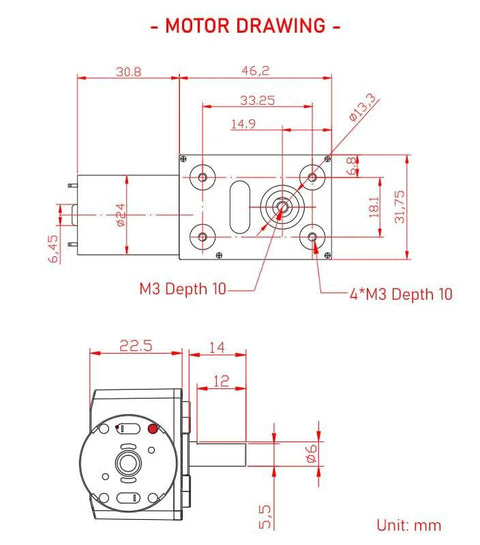 BRINGSMART JGY-370 12V DC worm gear motor diagram with front and side views, showing mounting holes and output shaft