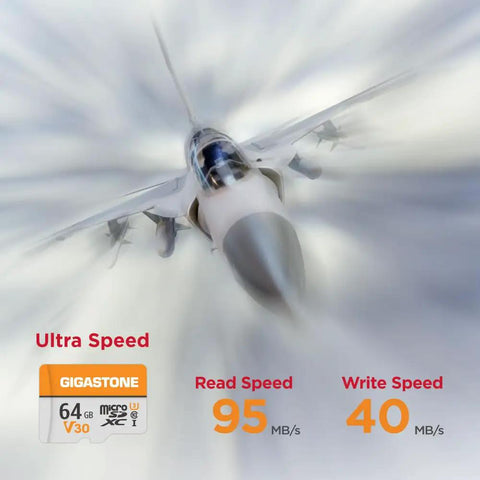 64GB Micro SD Card 2 Pack V30 UHS I Class 10 MicroSDXC Memory Card for 4K Video, jet and speed specs displayed