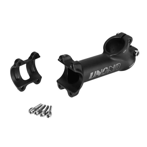 Beefy Lightweight 31.8mm Handlebar Stem 110mm With 35 Degree Rise for Mountain Bikes, disassembled, showing clamp and screws.