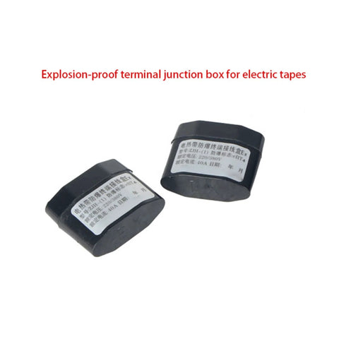 Two black plastic explosion-proof end terminal caps with white labels for electrical junction boxes