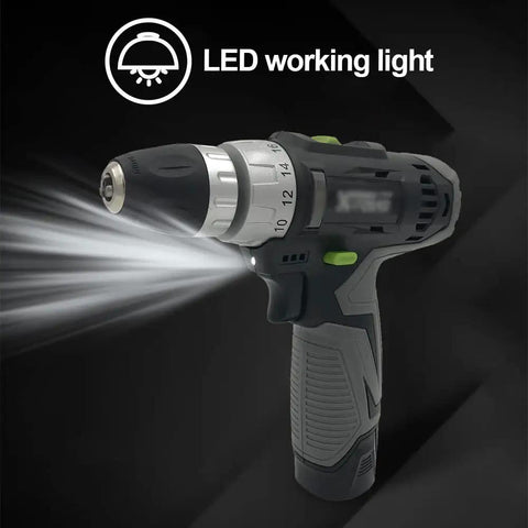 Badass Rechargeable Two-Speed Drill and Screwdriver Combo with 10mm Chuck and Reverse Toggle showing LED working light for visibility.