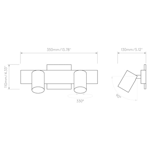 Dimensions diagram of Ascoli Twin Indoor Spotlight Bar In Matte Black Finish With Dual Adjustable Heads for tight spaces.