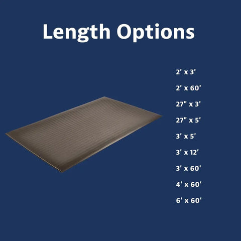 Anti Fatigue Floor Mat 3 By 12 Feet With Beveled Edges Long Ribbed Surface For Extra Traction Enhanced Slip Resistance Closed Cell PVC Foam To Cut Leg Strain In Dry Industrial And Commercial Workspaces Black displayed with various length options on blue background