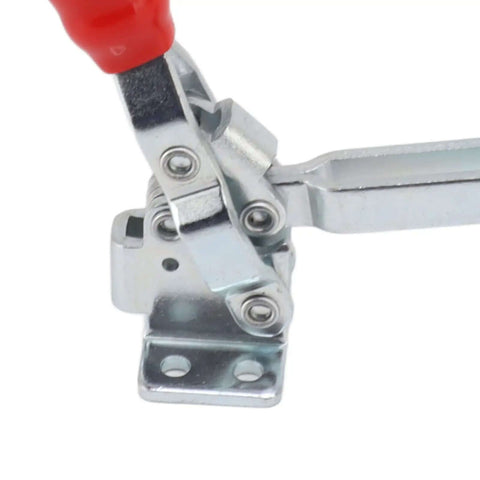 Stainless Steel Toggle Clamp With Plastic Cover Handle For Mechanical Work And Welding, focus on joint and screws detail.