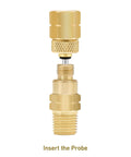 Front view of Brass Gauge Adapter With 1/4 NPT Female Thread And Test Plug, shown with detached probe, for plumbing HVAC use.