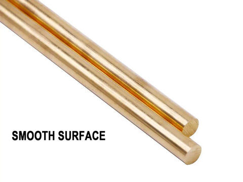Close-up of smooth surface of Eight Pieces One Eighth Inch Brass Round Rods Lathe Bar Stock Set Eleven Point Eight Inch Long Solid Brass Rods