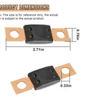 Heavy Duty 100 Amp MEGA Auto Fuse With Rock Solid Bolt Down Bracket For Cars Trucks Boats Rv Camper Trailer Built Tough High Current Wiring Safety Shield Block, showing dimensions 2.71in x 0.76in.