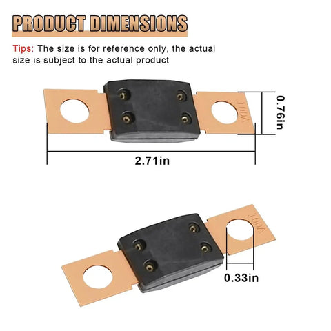 Heavy Duty 100 Amp MEGA Auto Fuse With Rock Solid Bolt Down Bracket For Cars Trucks Boats Rv Camper Trailer Built Tough High Current Wiring Safety Shield Block, showing dimensions 2.71in x 0.76in.