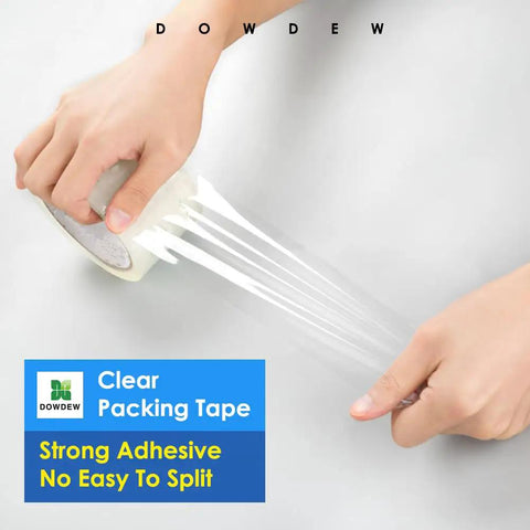 Hands using Ultra Strong Clear Packing Tape 1.88 Inch by 55 Yards Heavy Duty Shipping Tape Refill 2 Pack on box