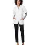 Unisex Short Sleeve Lab Coat, 31 Inch Length, White, Rugged Stitching, Back Midriff Detail, Durable Medical Grade Fabric, modeled with hands in pockets