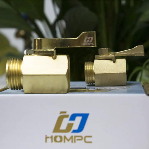 Two Pack Heavy Duty Brass Shut Off Valve for Garden Hose Full Port Ball Valve Three Quarters Inch Garden Hose Thread Built Tough Brass Connector for Easy On Off Water Control, angled view on box