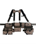Three Bag Tool Bag Set With Suspenders In Digital Camo displayed with LoadBear Stretch Suspension and barrel-bottom pouches.