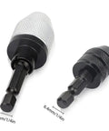 Set Of 2 Keyless Drill Chuck Adapters With Quarter Inch Hex Shank Quick Change Converter For Impact Drills shown side by side