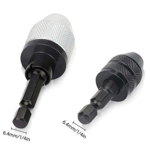 Set Of 2 Keyless Drill Chuck Adapters With Quarter Inch Hex Shank Quick Change Converter For Impact Drills shown side by side